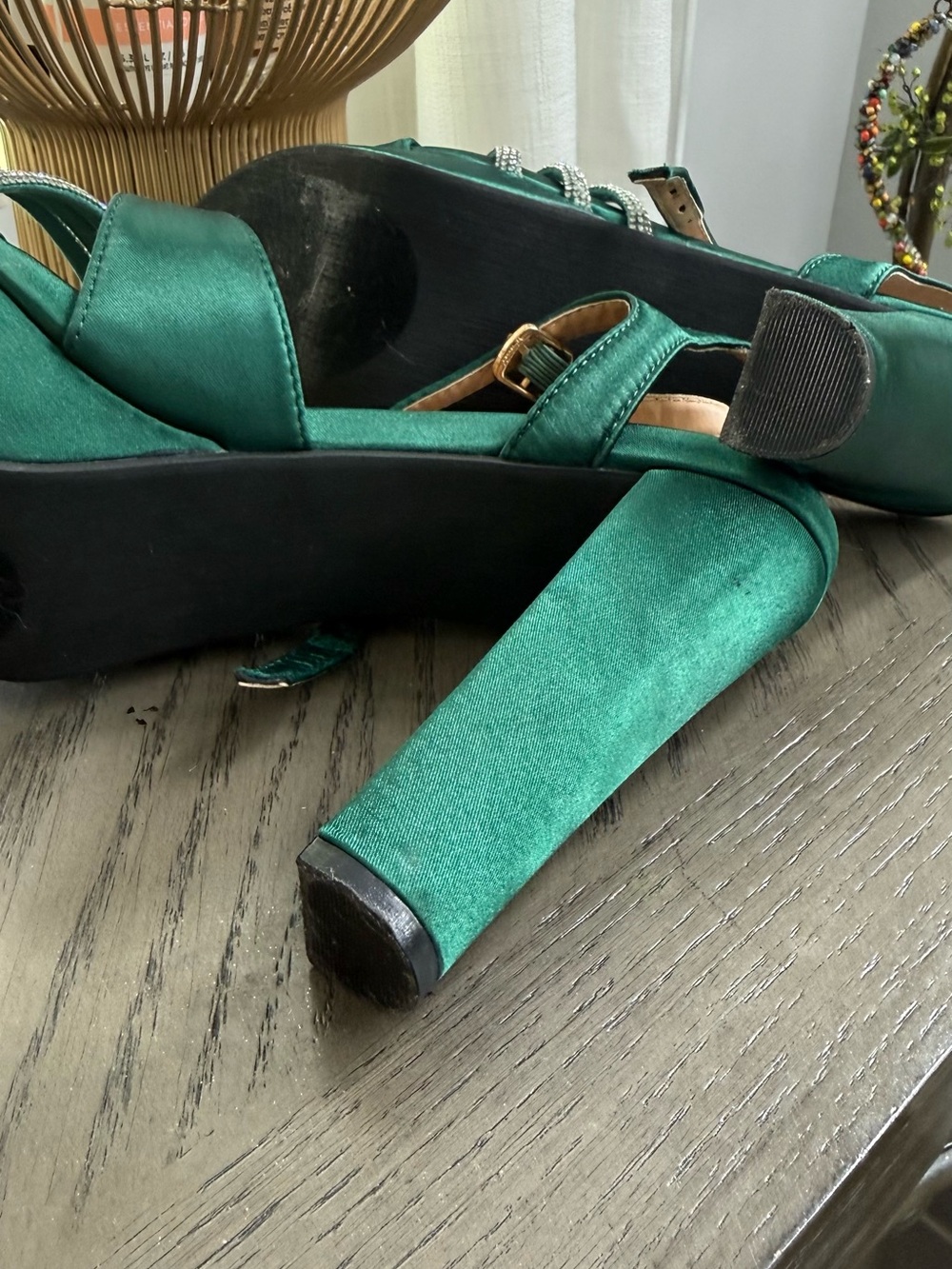 Used Top Moda Emerald Green Rhinestone Platform Heels - Picture 4 of 6